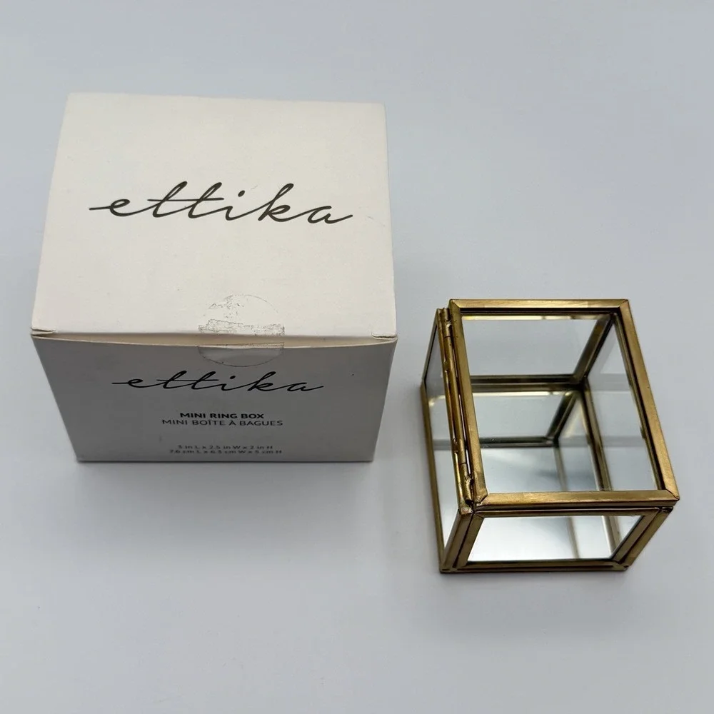 Ettika Mini Ring Box Glass & Brass 3″ × 2.5″ × 2″ Display Trinket Box